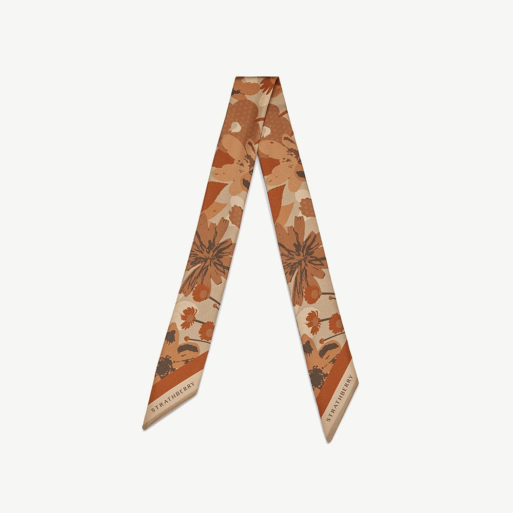 Silk Skinny Scarf - Caramel/Tan Block Floral | Strathberry