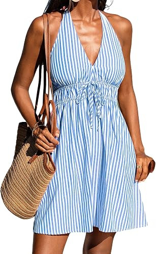 CUPSHE Women's Striped Halter Summer Dress A-Line Mini Sun Dress Beach Wear | Sexy V Neck Striped... | Amazon (US)