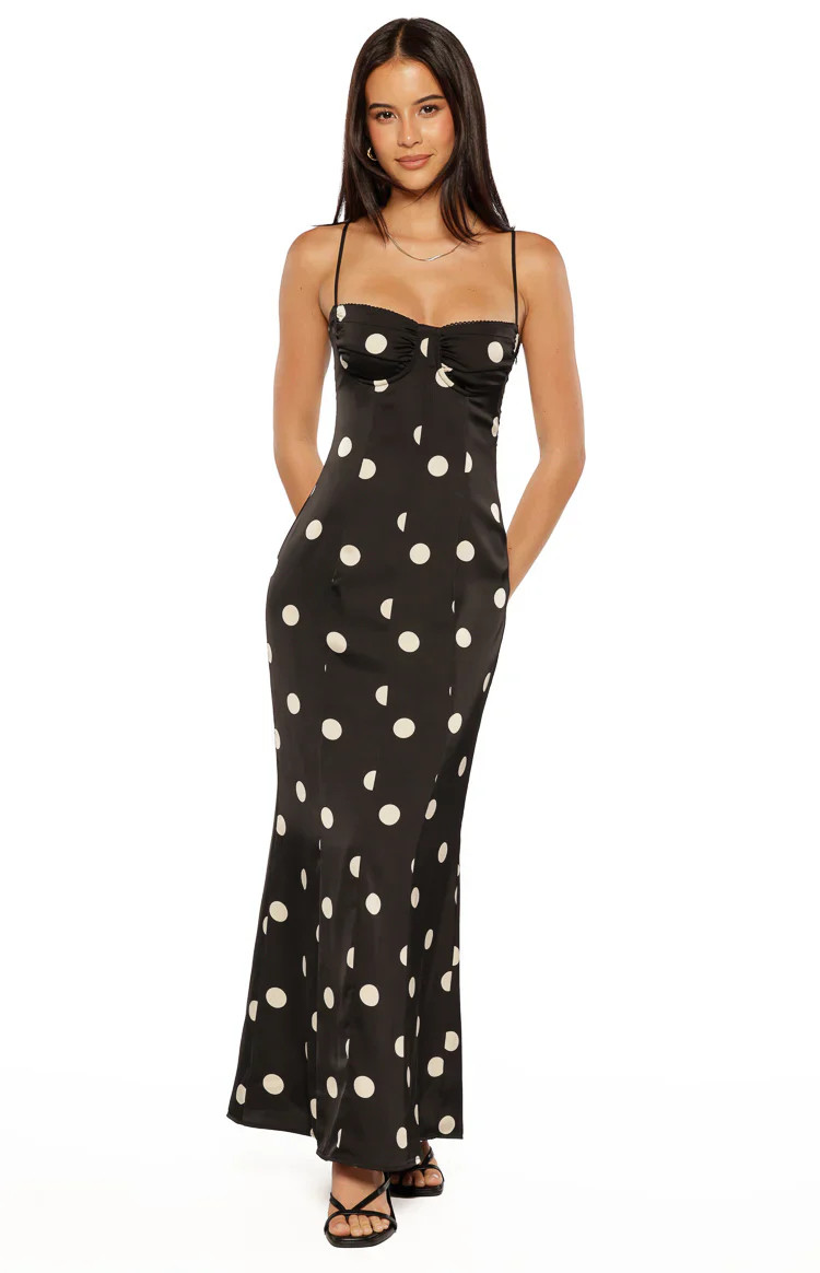Smith Black Satin Spot Maxi Dress | Beginning Boutique | Beginning Boutique (US)