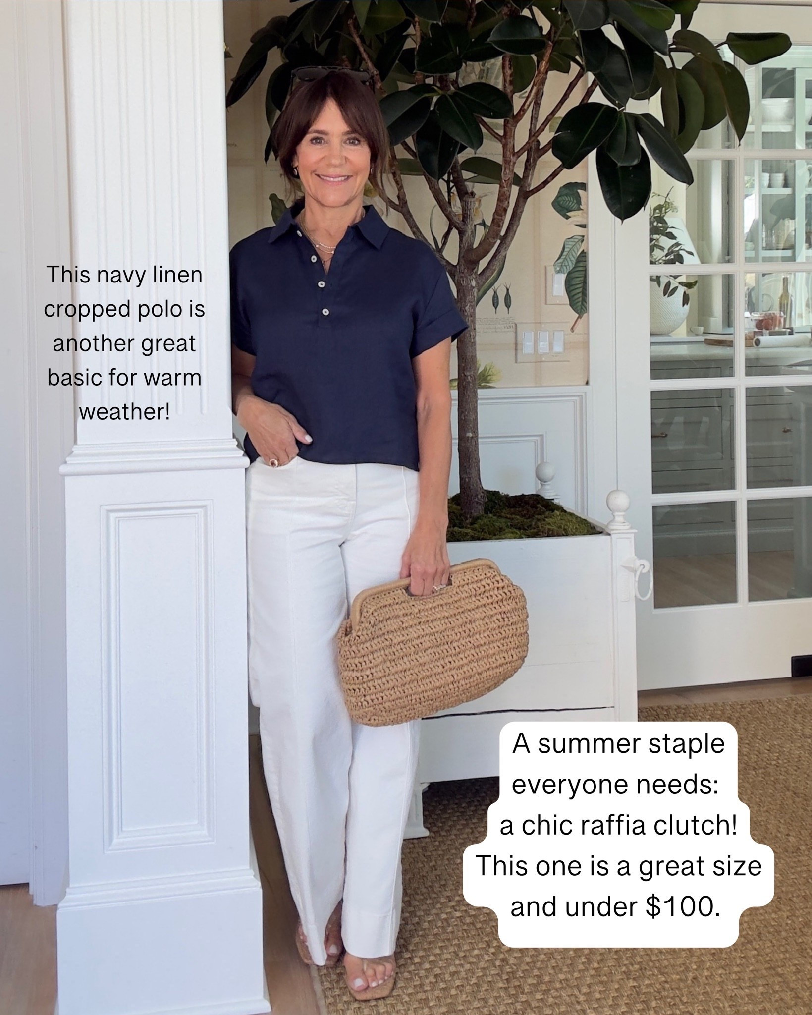 This navy linen polo is another great basic for warm weather! Another summer staple that everyone needs is a chic raffia clutch! This one is a great size and under $100! ￼

#LTKSeasonal #LTKootd #LTKOver40