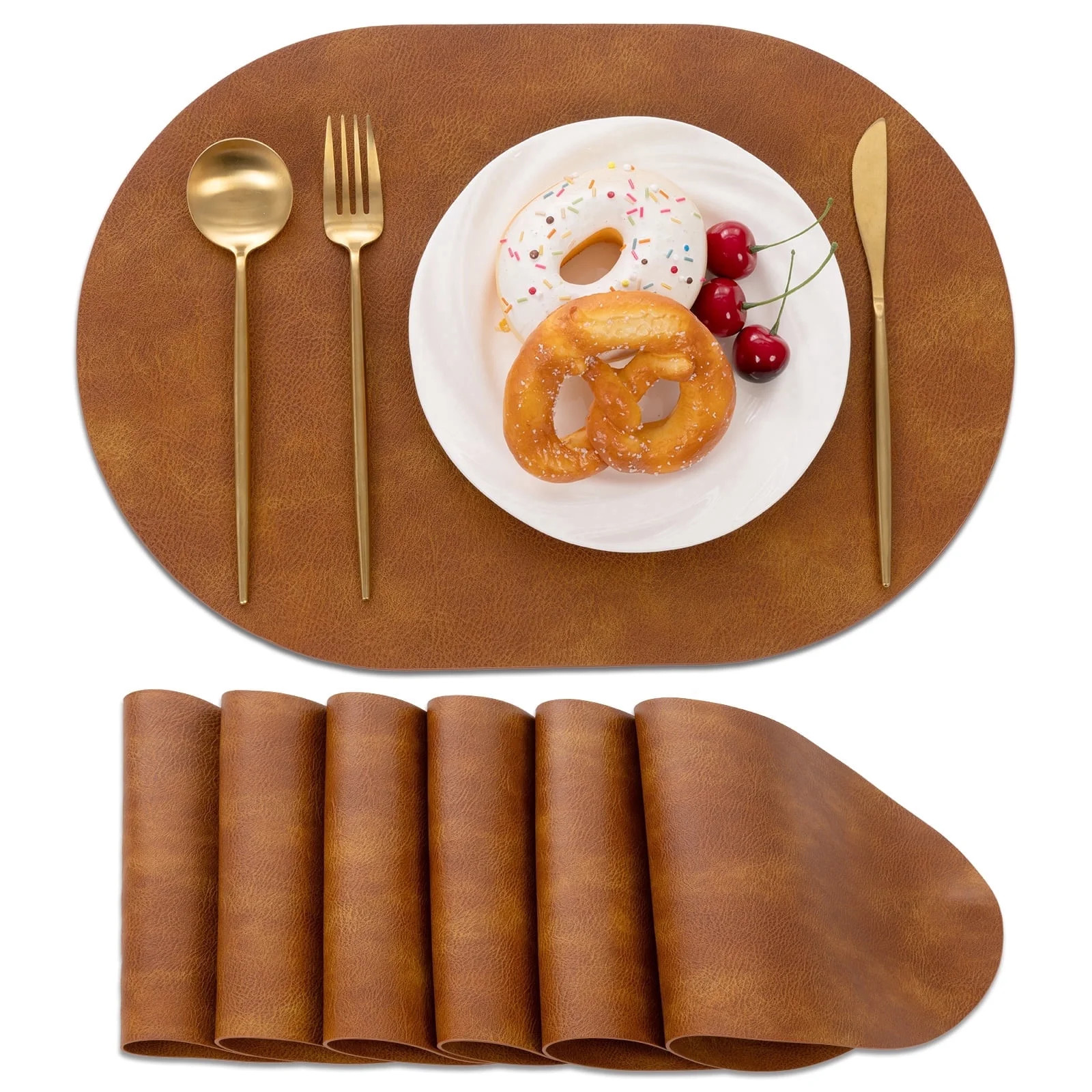 Vaukki Oval Vinyl Placemats Set of 6, Waterproof Faux Leather Table Mats, Heat Resistant Non Slip Wipeable for Dining Table, Brown | Walmart (US)