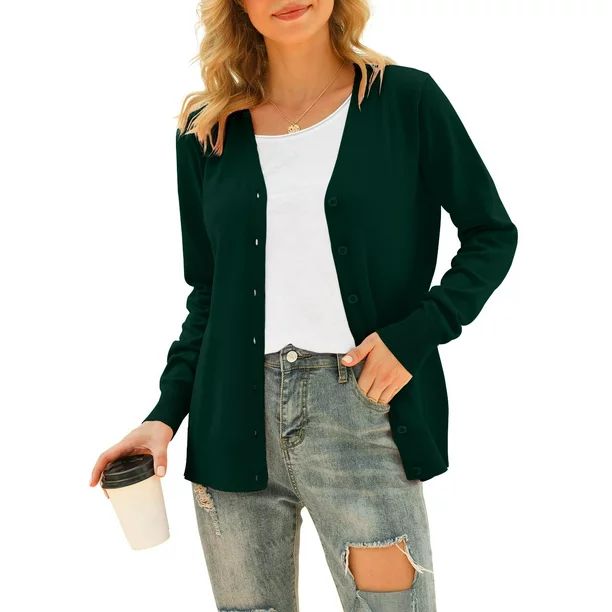 Aiyino Women's Long Sleeve Knit Cardigan Sweater Basic V Neck Button Down Knitwear - Walmart.com | Walmart (US)