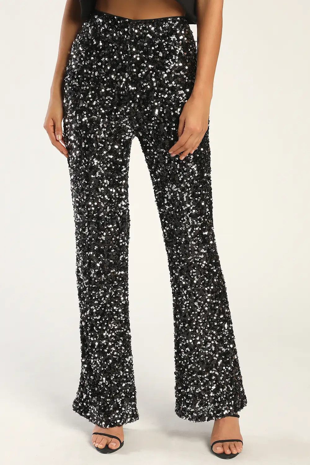 Glamorous Allure Black and Silver Sequin Sequin Flare Pants | Lulus (US)