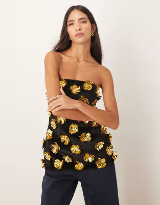 ARRANGE 3D floral longline bandeau top in black | ASOS | ASOS (Global)