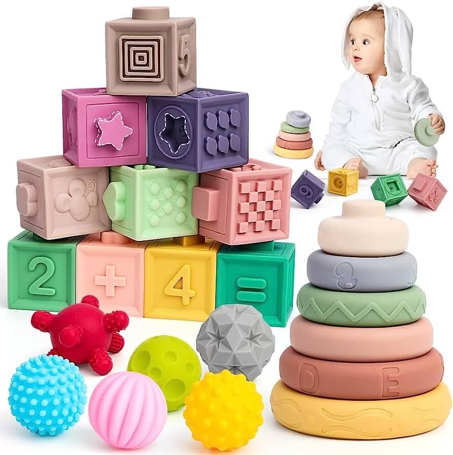 24pcs Baby Toys 6-12 Months, 3 in 1 Montessori Toys for Babies 0-3-6-12 Months, Stacking Building... | Amazon (US)