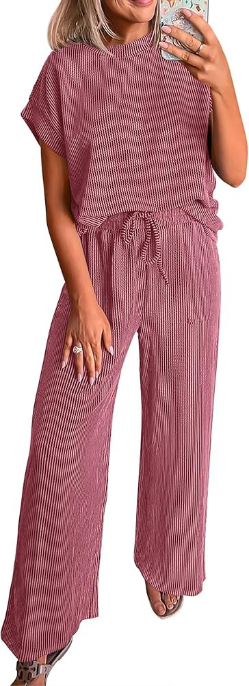 KIRUNDO 2 Piece Sets for Women Dressy Casual Ribbed Knit Short Sleeve Tops Wide Leg Pants Lounge ... | Amazon (US)