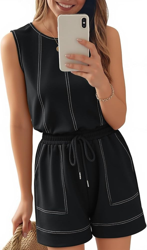 Womens Summer Sleeveless Rompers:Crewneck Adjustable Drawstring Waistband Beach Casual Outfits wi... | Amazon (US)