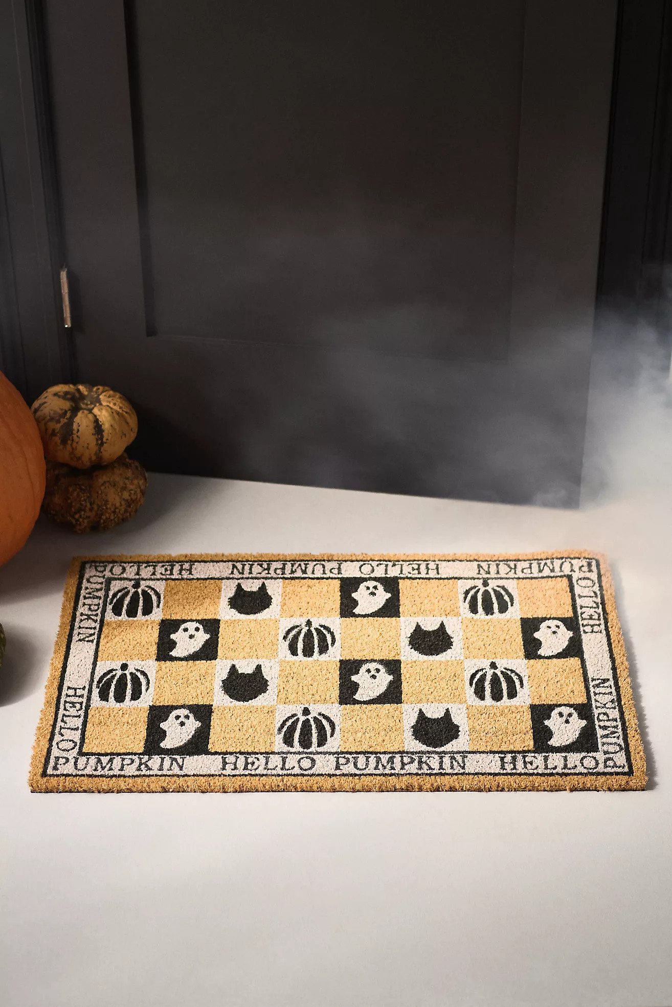Hello Pumpkin Halloween Checkered Printed Coir Doormat | Anthropologie (US)