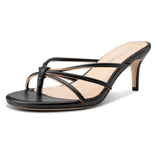TNYNFBEB Womens Round Toe Flip Flop Heels Strappy Mule Heels Slip-on Kitten Heel Thong Sandals Summer Dress Shoes 2.6 Inches Heels Black 9.5 M US | Amazon (US)