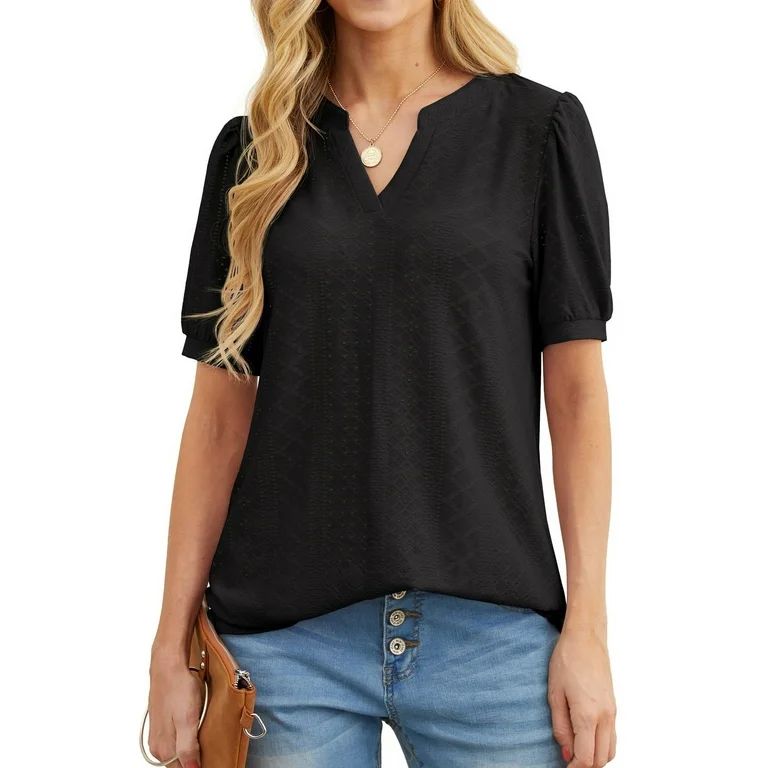 JWD Womens Shirts Casual V Neck Tshirts Puff Short Sleeve Summer Tops Tunic Blouses Black L | Walmart (US)