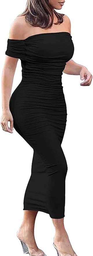 GOBLES Women's Ruched Off Shoulder Short Sleeve Bodycon Midi Elegant Cocktail Party Dress | Amazon (US)