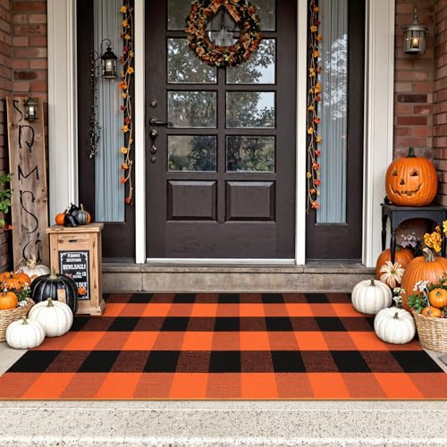 Uphome Bufflo Plaid Outdoor Rug 2'x4.3', Fall Decor Checkered Front Door Mat, Indoor Outdoor Farmhouse Porch Rug for Layered Door Mats, Washable Halloween Black/Orange Runner for Patio Entryway | Amazon (US)