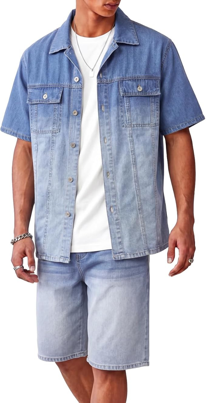 Heyfanee Mens Denim Matching Shorts and Shirts 2 Piece Set Summer Breathable Outfits with Pockets | Amazon (US)