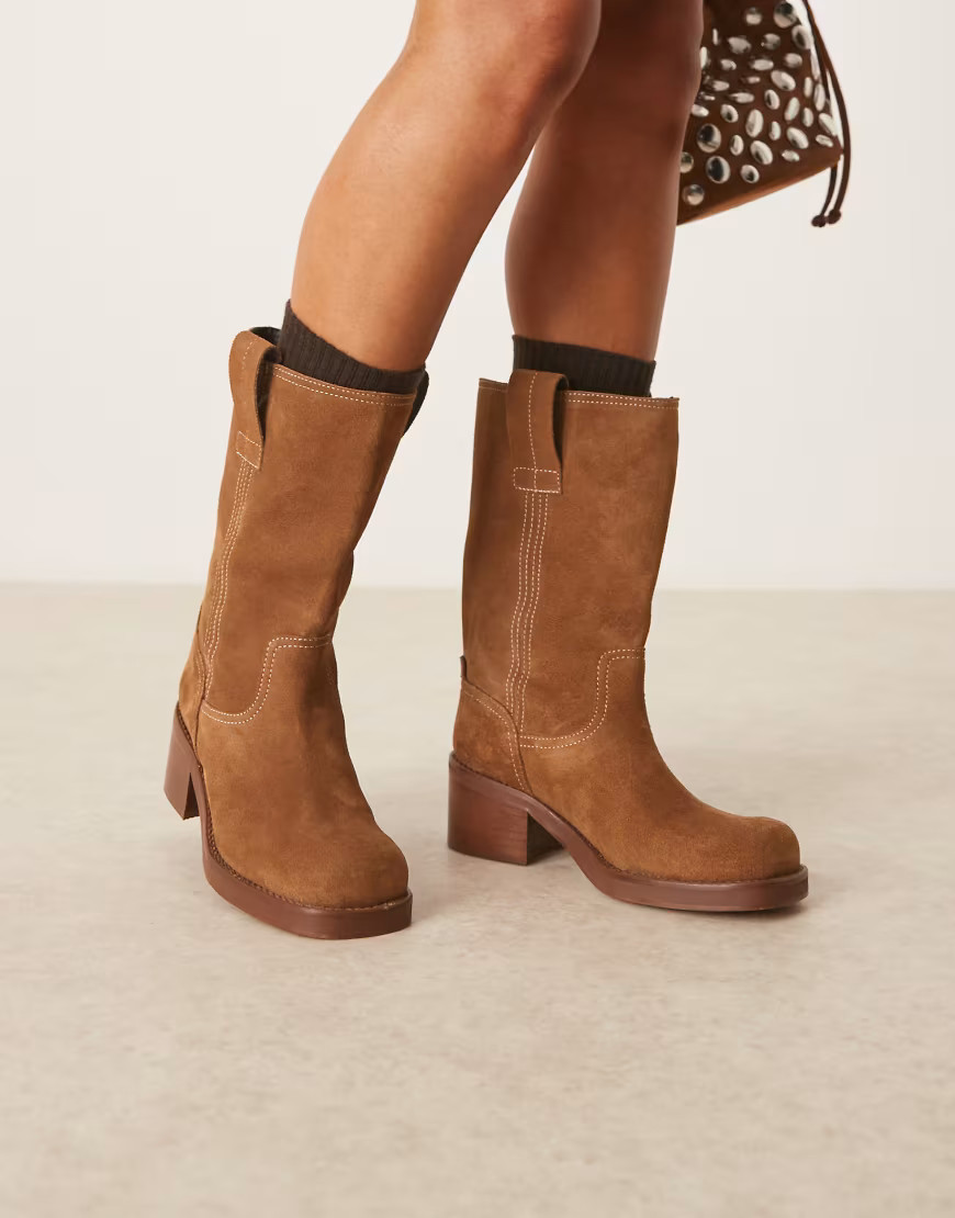 ASOS DESIGN Caspia premium suede trucker pull on boots in tan-Brown | ASOS (Global)