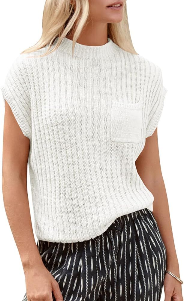 Saodimallsu Womens Mock Neck Sleeveless Sweater Vest Cap Sleeve Ribbed Knit Summer Trendy Casual ... | Amazon (US)