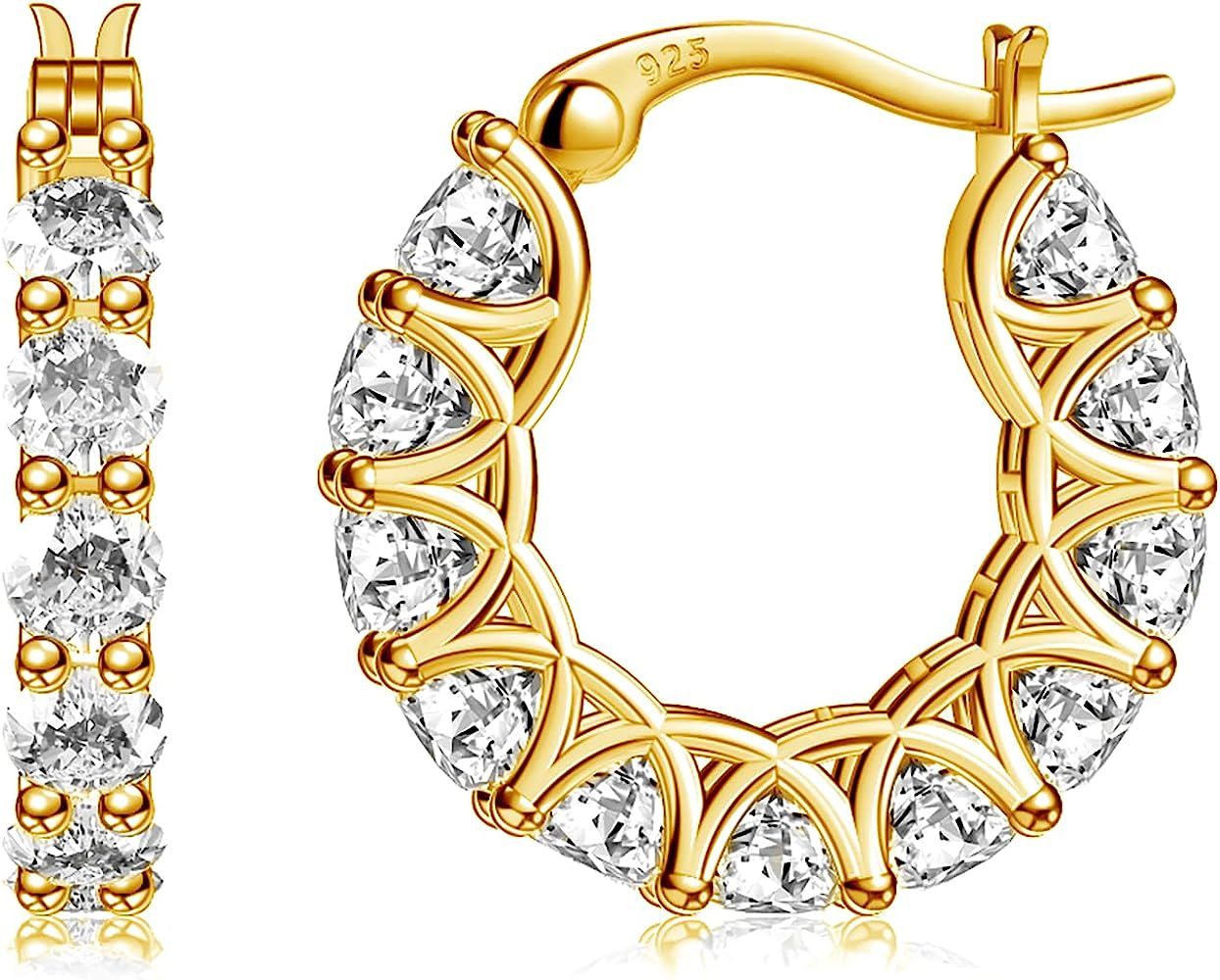 Sterling Silver Cubic Zirconia Hoop Earrings and 14k Gold Earrings, Hypoallergenic Diamond Huggie... | Amazon (US)