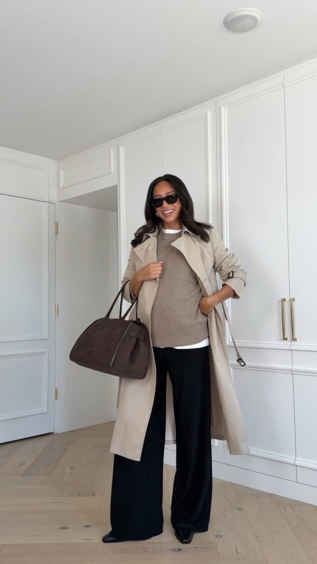 2025 favorites on SALE!! white tee & elastic waist pants! Would be the perfect office outfit if you have a smart casual dress code! Sweater is wool and cashmere and so soft and luxe. Pants feel like pjs but look like dress pants! Sizing below 👇🏽 
Pants - Medium 
Tee - Small 
Sweater - Medium 
Trench - Small 

Airport outfit 
Work outfit 
Office outfit 
Errands outfit

#LTKSeasonal #LTKFindsUnder100 #LTKBump