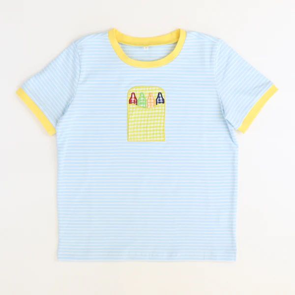 Appliquéd Crayons Shirt - Blue Stripe Knit | Southern Smocked Co.