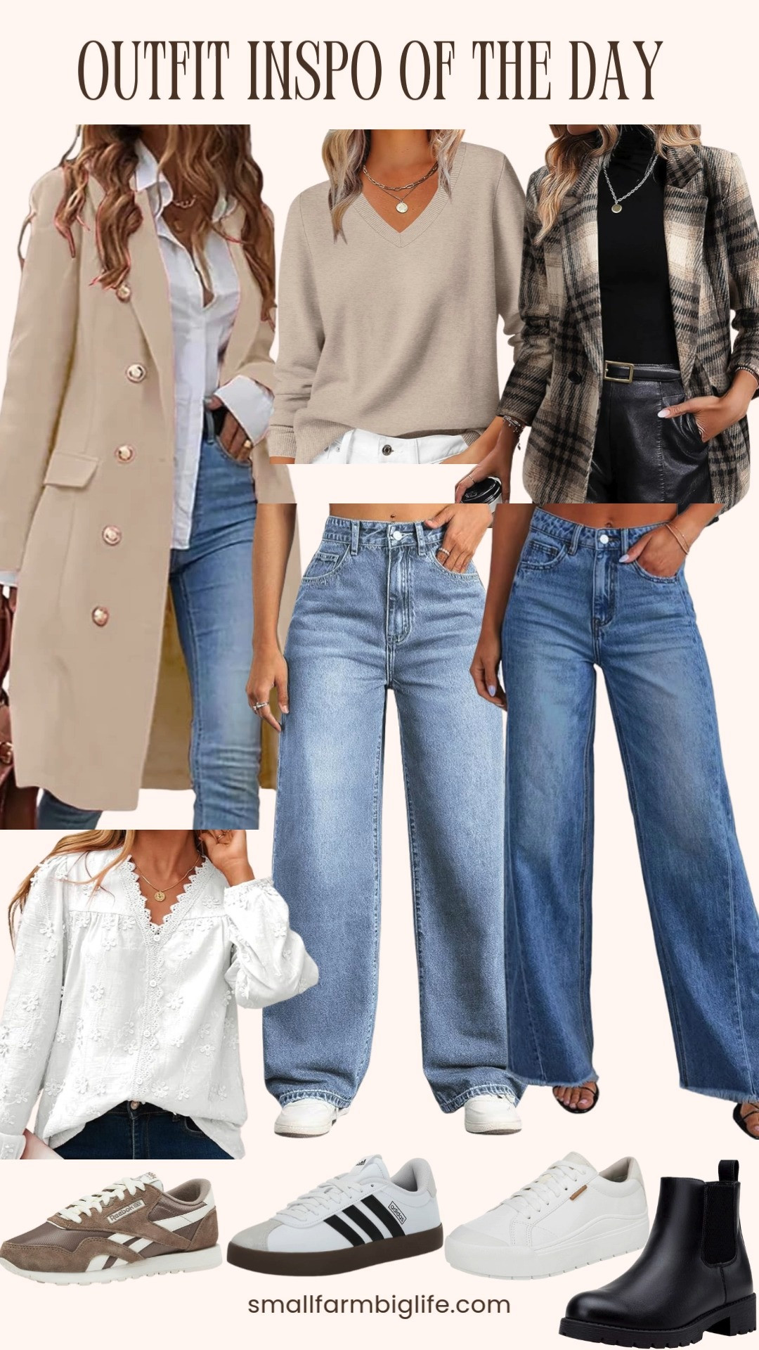 Outfit Inspo of the Day | Amazon Finds
Neutral layers make getting dressed so easy, and this look is all about mixing cozy staples with classic pieces. A beige double breasted jacket layered over a cream v-neck sweater or lace top pairs perfectly with blue jeans, then finished with Chelsea boots or clean white sneakers for an effortless everyday vibe. Save this for casual outfits you can wear on repeat all season 👌✨ 

 #LTKgrwm #LTKOver40 #LTKSaleAlert