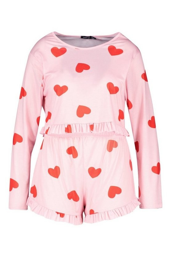 Plus All Over Heart Frill PJ Set | Boohoo.com (US & CA)