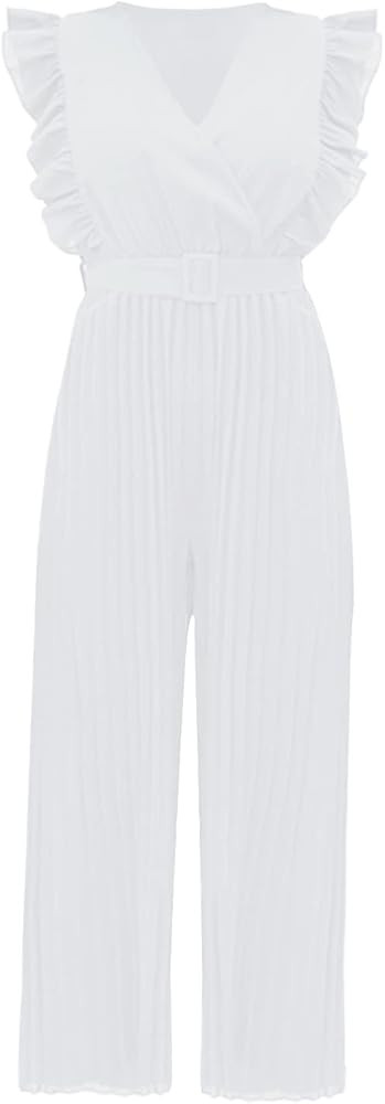 Women's Summer Casual V Neck Ruffled High Belt Belt Accordion Pleated Trouser Legs Solid Plus Siz... | Amazon (US)