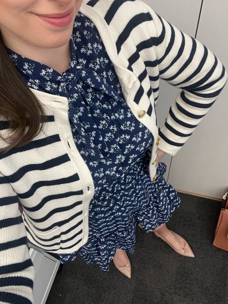 Pattern mixing, spring dress, spring workwear, lady jacket, spring outfit, spring office style; spring business casual, law firm, law school, hill house, striped cardigan, striped lady jacket, nude mules, nude sling backs, Sarah flint, spring shoes, spring work shoes, spring work outfit 

#LTKfindsunder100 #LTKSeasonal #LTKworkwear