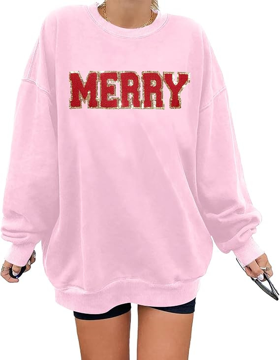 Christmas Sweatshirt for Women: Merry Sweatshirt Glitter Pach Merry Shirt Xmas Overzise Pullover ... | Amazon (US)