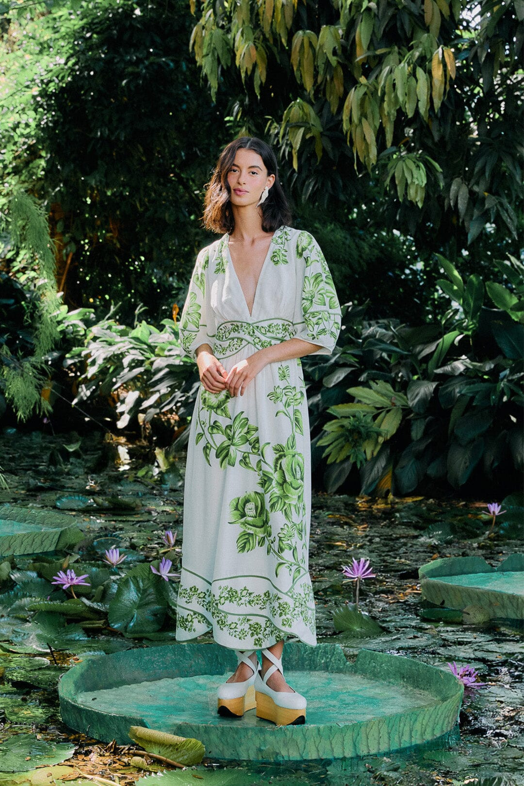 Off-White Green Floral Cascade LENZING™ ECOVERO™ Euroflax™ Midi Dress | FarmRio (US)
