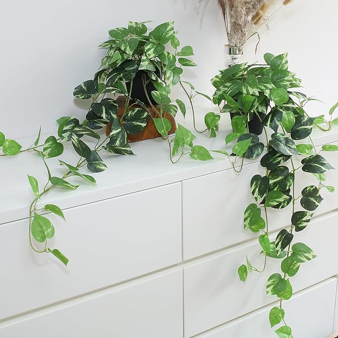 Fake Pothos Hanging Plants - 33" Set of 2 Artificial Silk Ivy Vines with Pots, Realistic Faux Gre... | Amazon (US)