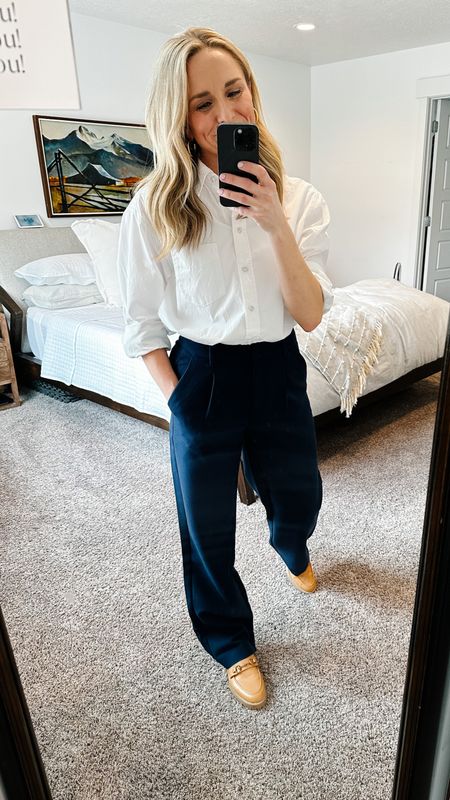 The perfect white button up with my favorite trousers in navy blue!

Top: Size down 

Trousers: size down one size 

Shoes: TTS 

#LTKFind #LTKunder100 #LTKstyletip