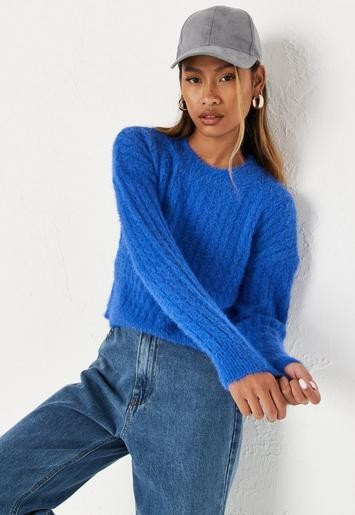 Missguided - Blue Fluffy Cable Knit Cropped Jumper | Missguided (UK & IE)