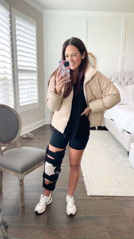 My soft and cozy puffer jacket is 25% off 
In XS 
TTS - size down if in or wanted a more fitted look. 
Biking shorts / tunic top TTS
Nike sneakers - size up a half 
Casual everyday look 

#LTKunder100 #LTKCyberweek #LTKGiftGuide