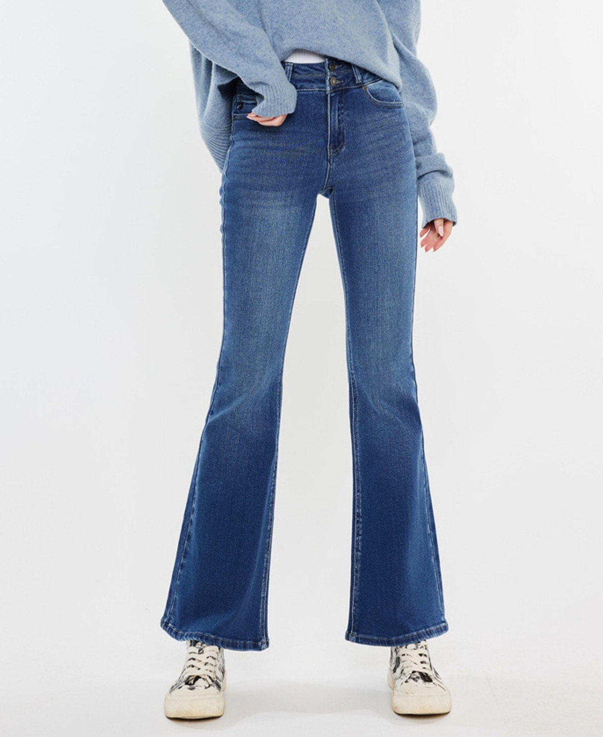 Kancan Women's High Rise Double Waist Band Flare Jeans - Blue | Macy's
