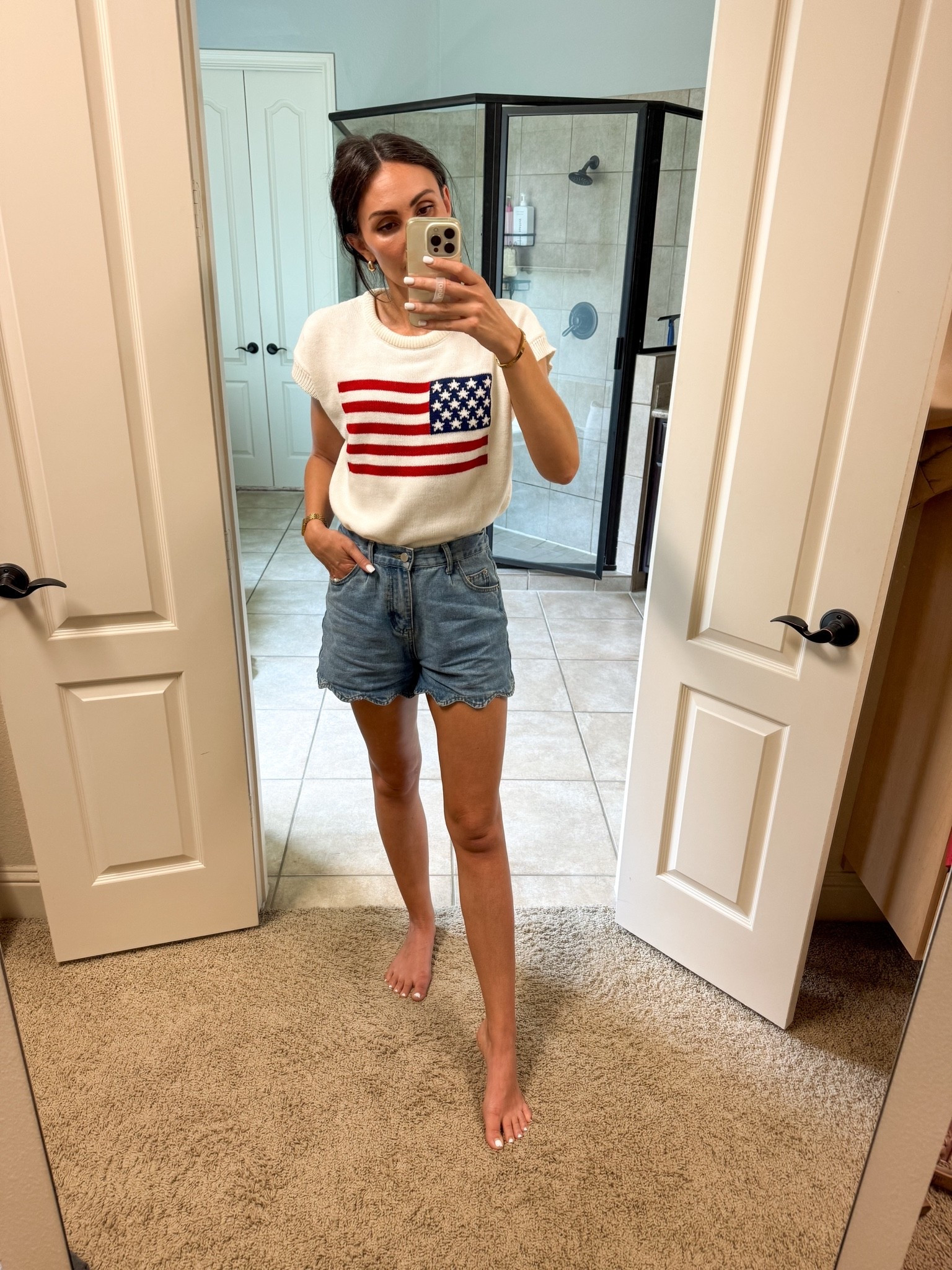 My 4th of July outfit! 🇺🇸 Loving this American flag short sleeve sweater for summer. Marketed as a crop top which I didn’t want so I sized up. Wearing medium in the sweater. Bring on all the Americana! Shorts I’ve had a year or two now and still one of my fave pairs of shorts that are mom approved and so comfy. Run TTS wearing small.

#LTKmomlife #LTKootd #LTKSeasonal