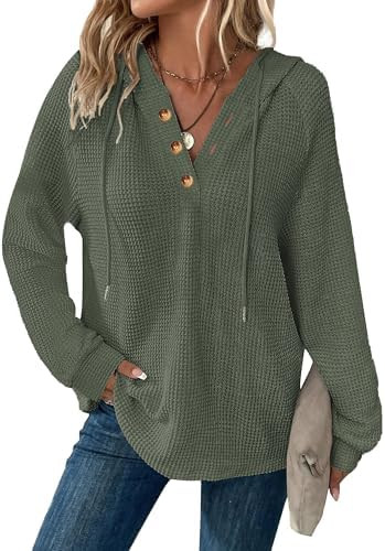 Hoodies for Women Waffle Knit V Neck Oversized Sweatshirt Button Down Drawstring Hooded Pullover ... | Amazon (US)