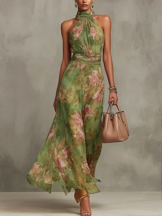 StyleWe Women Elegant Green Floral Print Halter Maxi Dress High Waist X-Line Sleeveless for Summe... | Stylewe
