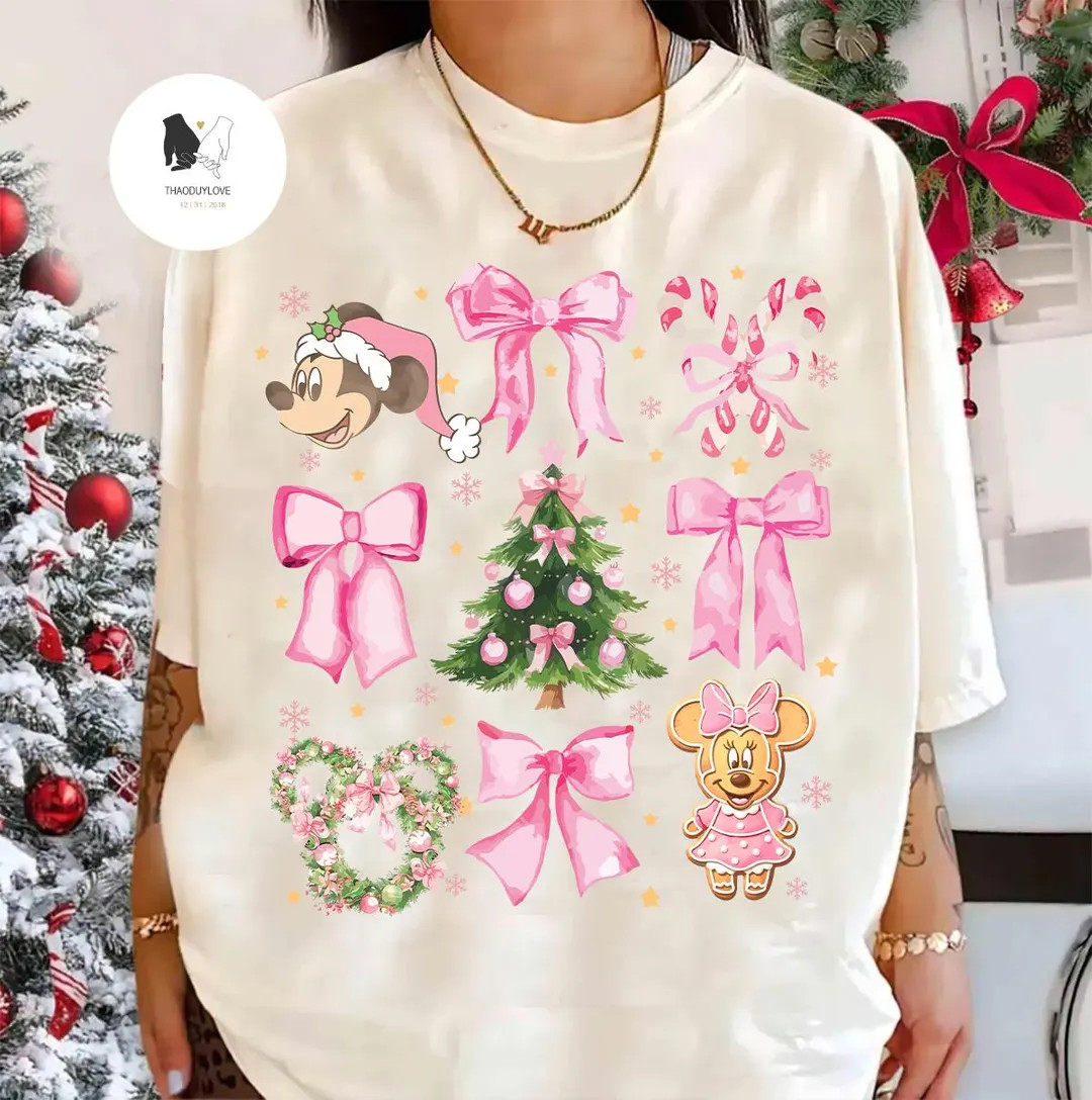 Retro Coquette Bows Pink Disney Christmas Shirts, Mickey's Very Merry Christmas Sweatshirt, Micke... | Etsy (US)