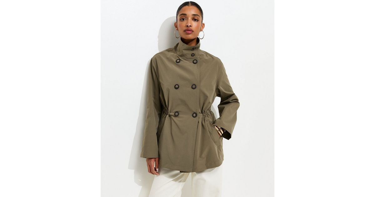 Light Khaki Cinched Waist Funnel Neck Jacket | New Look | New Look (UK)