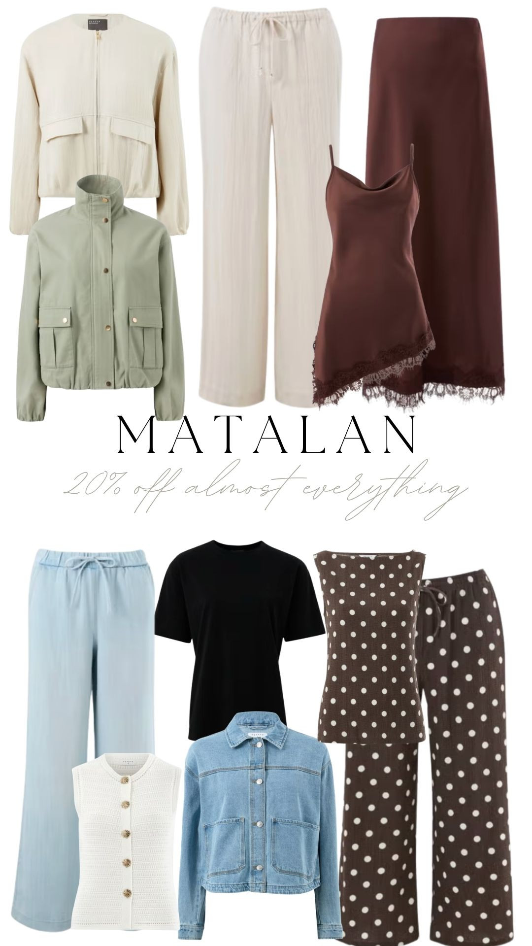 Matalan 20% off almost everything! 🤎

Brown Polka Dot Co Ord, Cream Summer Jacket, Wide Leg Crinkle Trousers, Chocolate Brown Lace Cami, Chocolate Brown Midi Skirt, Blue Wide Leg Jeans, Denim Shirt, Cream Button Knit Vest, Easy Summer Basics, UK Summer Style  

 #LTKuk #LTKspring #LTKsummer