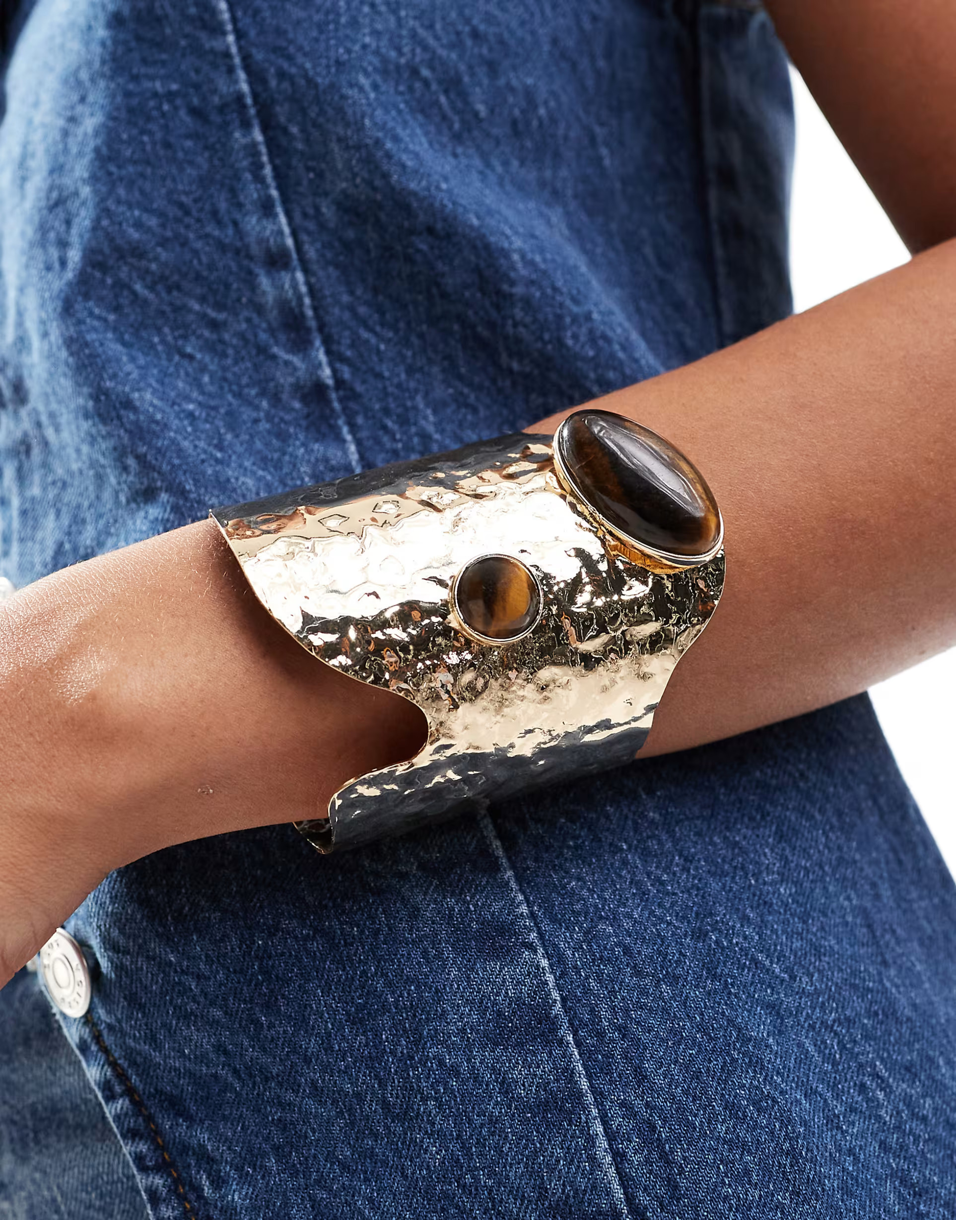 ASOS DESIGN Limited Edition cuff bracelet with hammered tigers eye detail in gold tone | ASOS (Global)