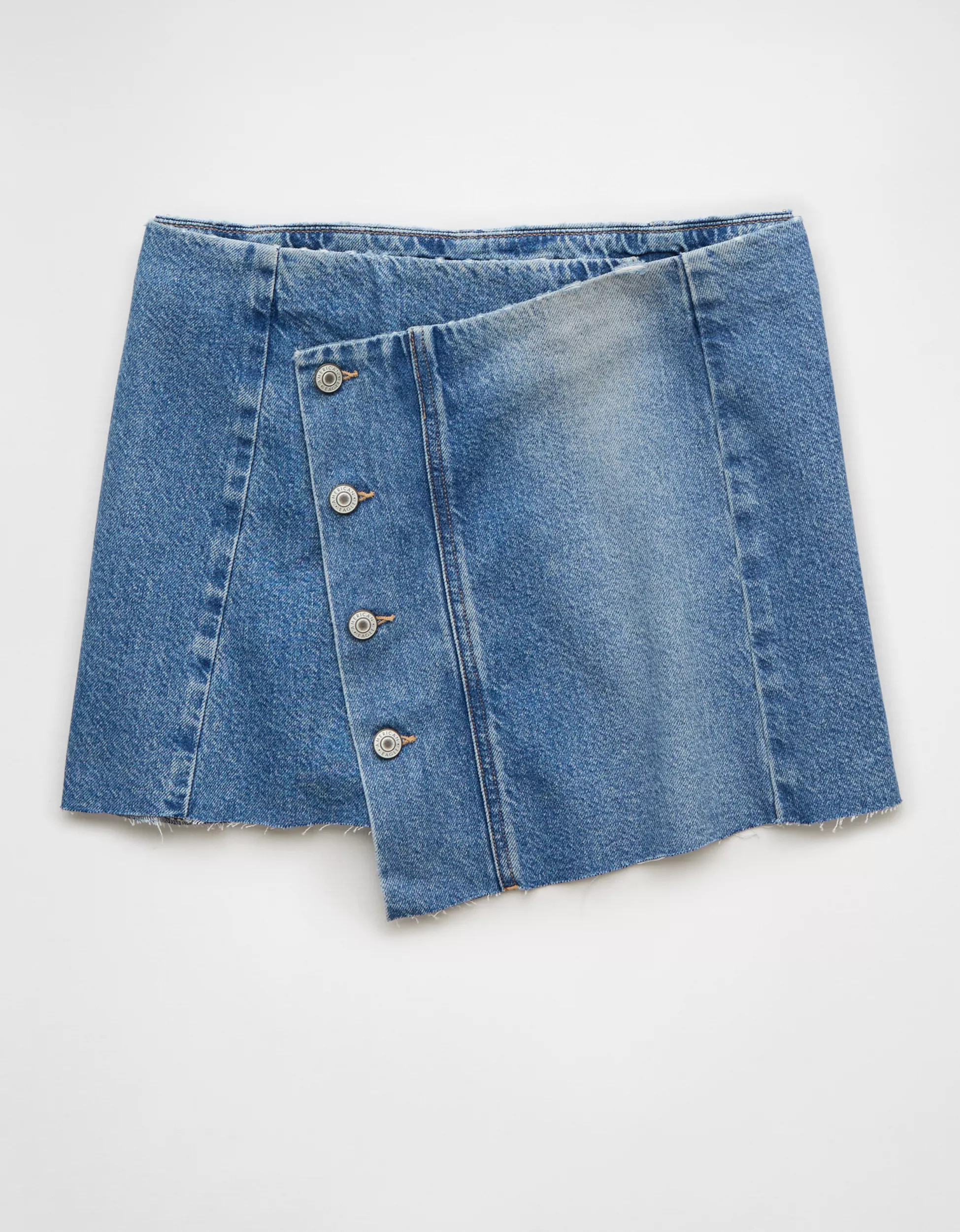 AE Stretch Asymmetric Low-Rise A-Line Denim Mini Skirt | American Eagle Outfitters (US & CA)
