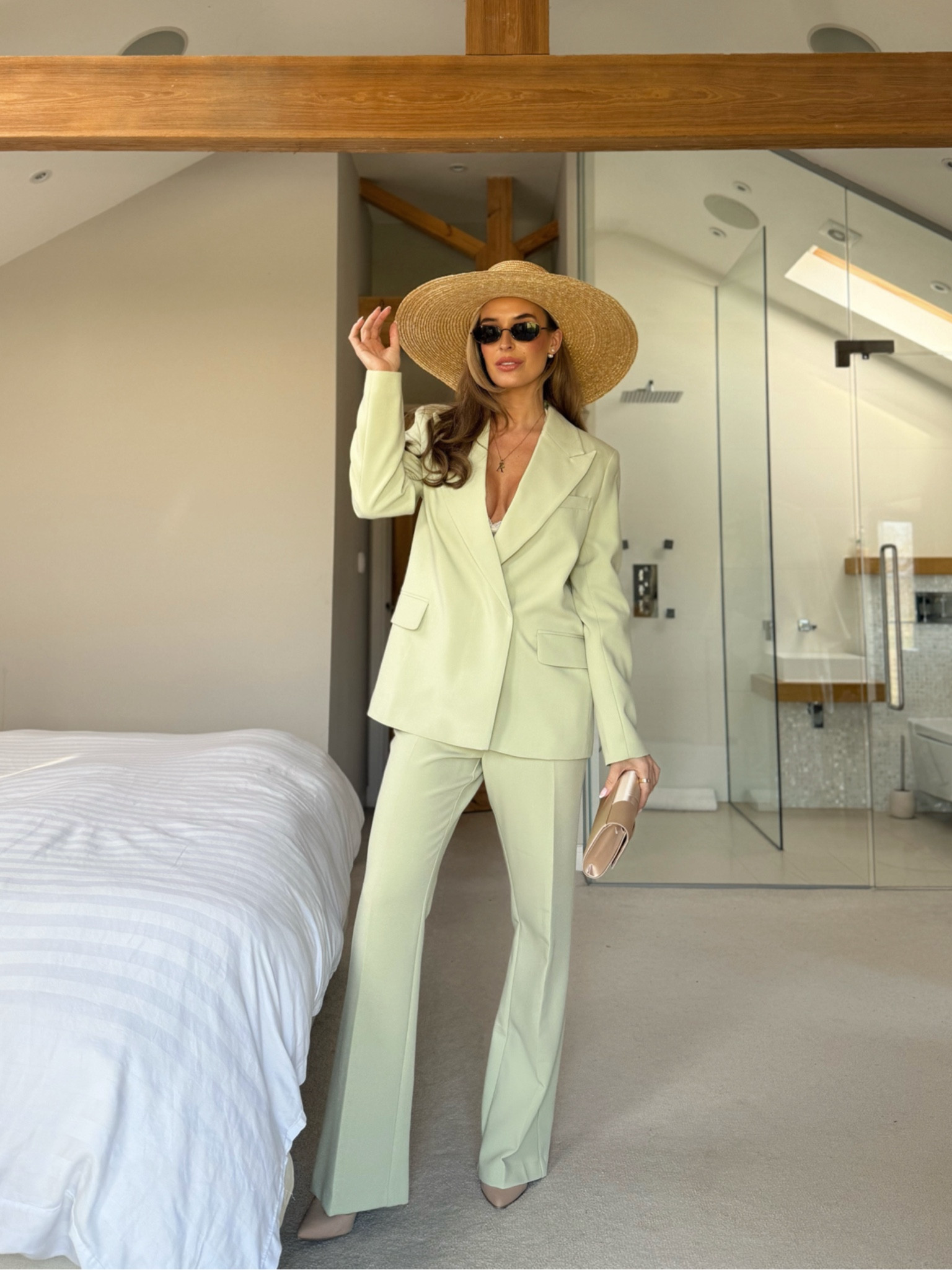 LADIES DAY outfit inspo 3/7 🌸 A pretty pastel sage suit - my favourite thing to wear! And what a gorgeous colour it is. A slightly oversized, relaxed fit- in my opinion looks lovely with a lace feminine body underneath to add a little bit of sexiness to the look 🫶🏻 

#LTKstyletip #LTKspring #LTKluxury