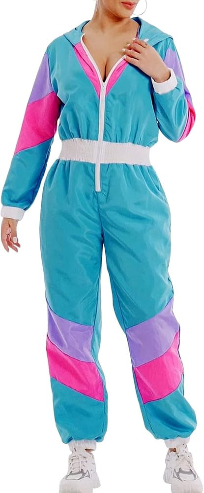 Yisfri Women's Color Block One Piece Windbreaker Outfits Long Sleeve Zip Front Elastic Waist Jumpsui | Amazon (US)