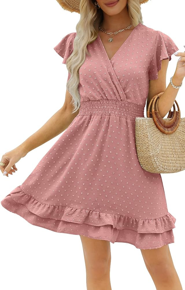 SAMPEEL Womens Summer Dresses Wrap V-Neck Ruffle Sleeve Swiss Dot Casual Mini Dress | Amazon (US)