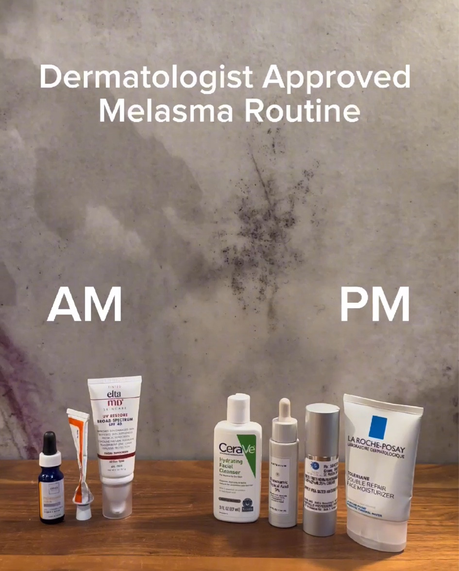 AM ROUTINE: 
✨@drmtlgy - Vitamin C serum: brightens skin CODE: MAMADERMDOC for 20% off

✨Hydroquinone: inhibits pigment production; prescription strength medication - see a board certified dermatologist for treatment 

✨@eltamdskincare UV Restore -  Mineral TINTED sunscreen with iron oxides: protects from UV and visible light. 

PM ROUTINE: 
@cerave - Gentle cleanser 

✨@naturiumskin Kojic acid +/- tranxeamic acid: inhibits pigment production

✨Tretinoin: increase skin cell turnover - prescription strength retinoid, you can also use an over the counter retinol 

@larocheposayusa toleriane double repair moisturizer- with niacinamide. 


#LTKbeauty