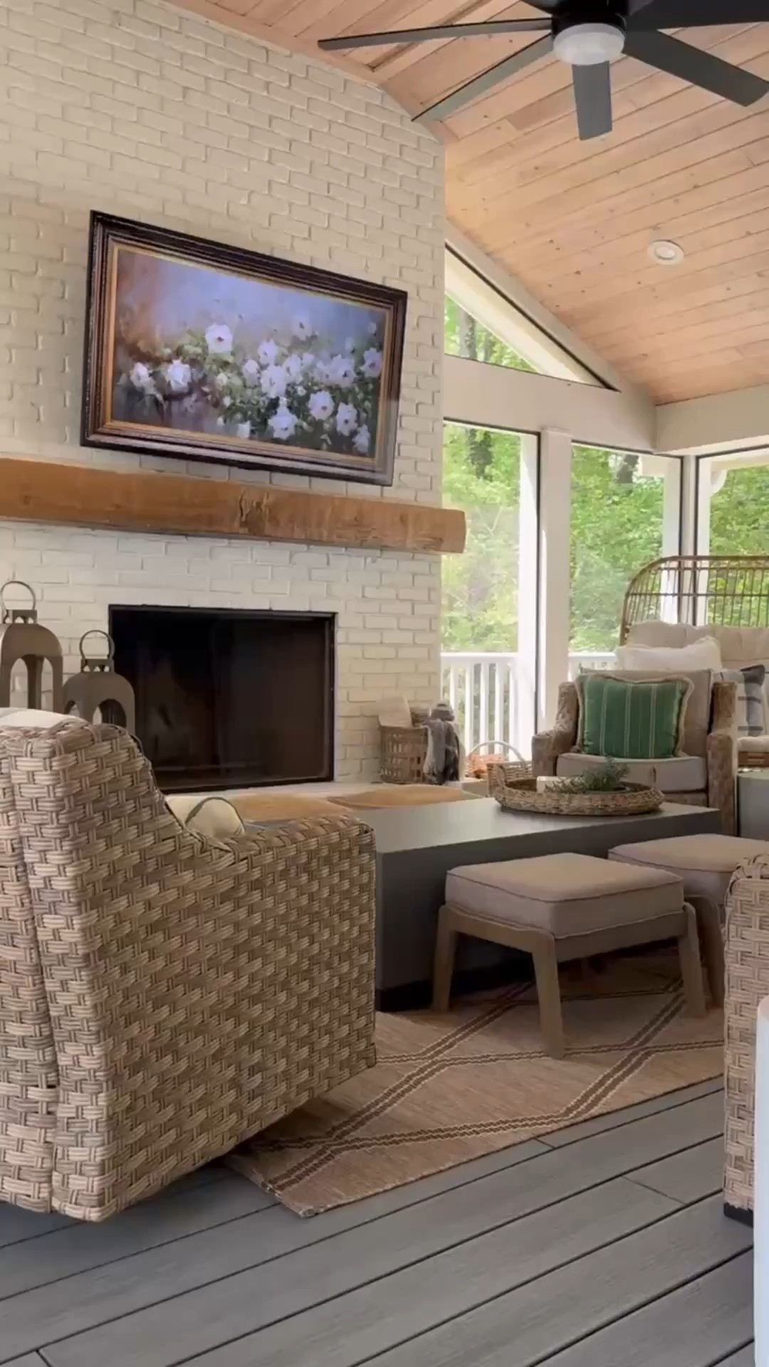 This screened-in porch is our favorite hangout spot ☀️🍃
Between the wicker lounge chairs, woven ottomans, and neutral outdoor rug, it’s all about relaxed comfort. The white brick fireplace, wood mantel, and Samsung Frame TV (hello, floral art mode!) add charm and character.


#eanesinteriors #screenedporch #outdoorlivingroom #wickerfurniture #whitebrickfireplace #framedtv #porchstyle #neutraldecor #wovenottoman #outdoorseating #cozyspaces #modernrustic #porchinspo #ltkhome #ltkporch #outdoorvibes #relaxedliving


#LTKHome #LTKdayinmylife #LTKvlog