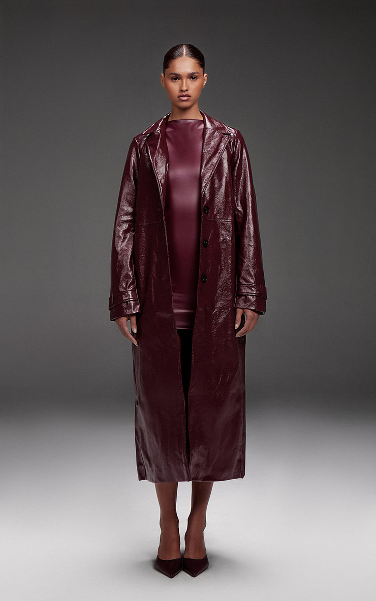 Burgundy High Shine Textured Faux Leather Maxi Coat | PrettyLittleThing US
