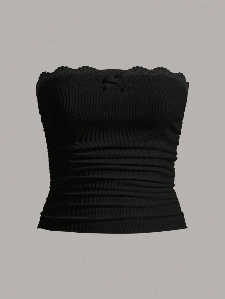 SHEIN EZwear Contrast Lace Ruched Tube Top | SHEIN