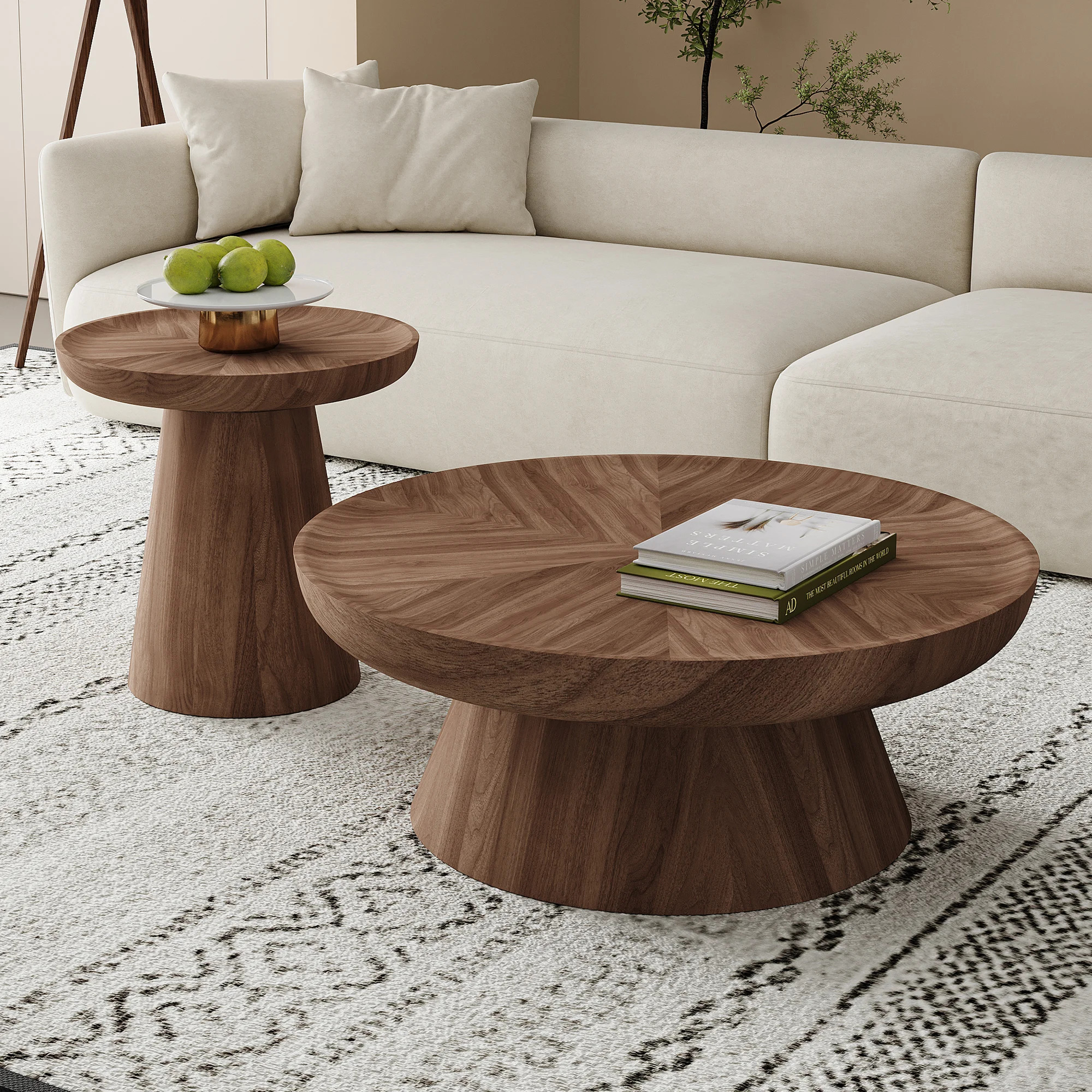 Round Brown Walnut Coffee Table Set of 2 | Wayfair North America