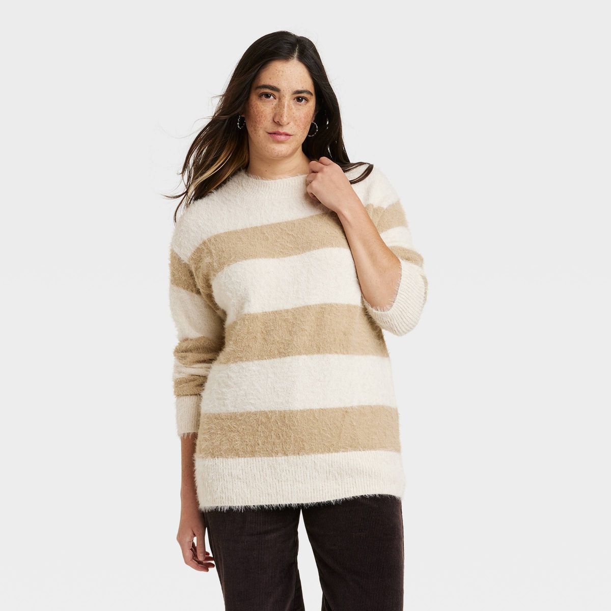 Women's Fuzzy Tunic Pullover Sweater - Universal Thread™ Cream Striped M | Target